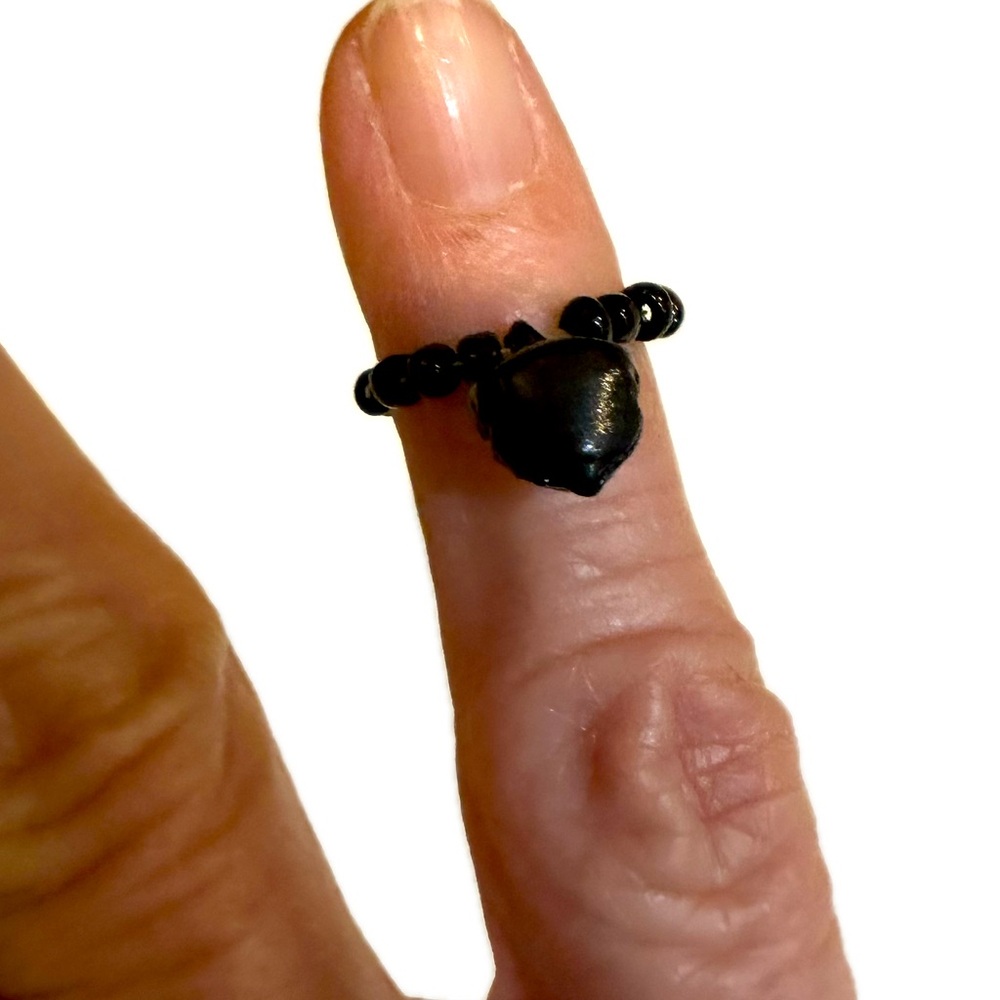 VTG BLACK BELL BEADED RING CHARM HALLOWEEN JEWELRY HANG ON NECKLACE CORD .25”